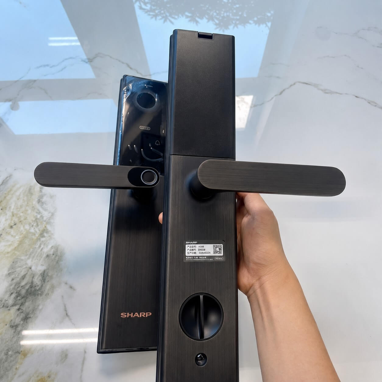Actual image of the Sharp A3-B smart lock with front and rear panels